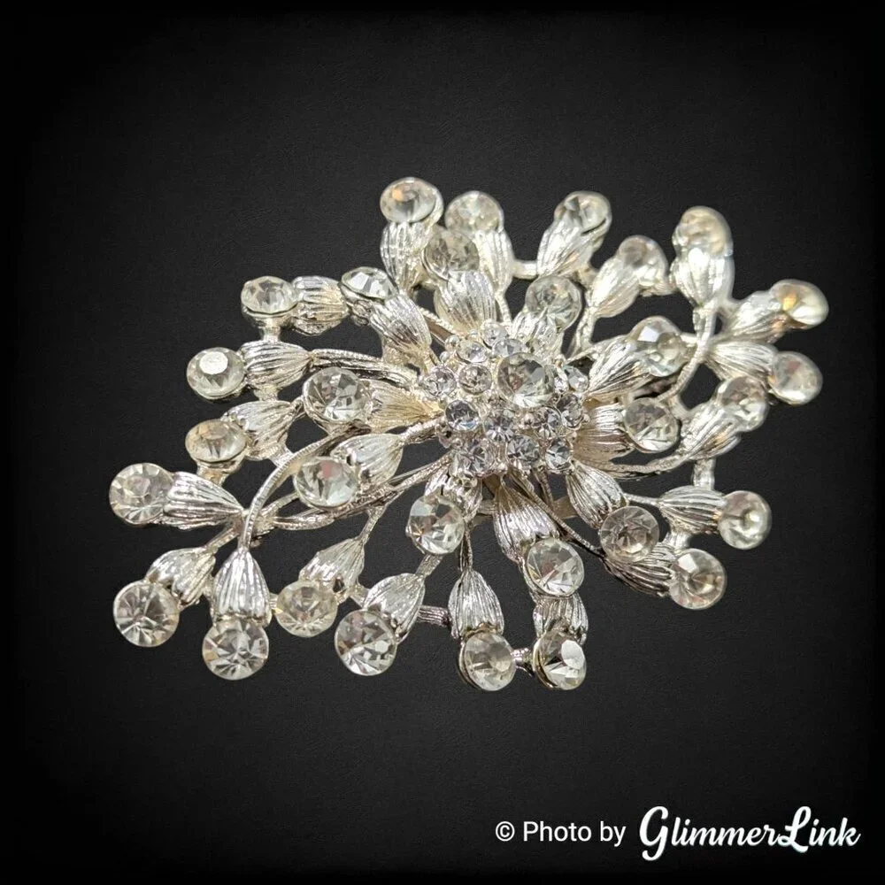 David Tutera Bridal Wedding Clear Rhinestone Crystals Floral Silver Tone Brooch